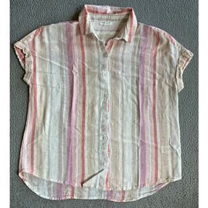 BeachLunchLounge Button Top Large Linen Striped Cap Sleeve White Pink Boxy Boho